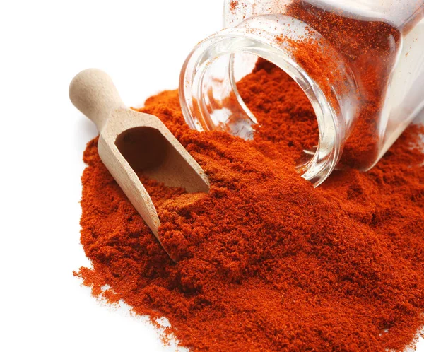 Polvo de chile rojo con frasco de vidrio — Foto de Stock