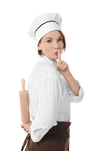 Femme chef avec rouleau à pâtisserie — Photo