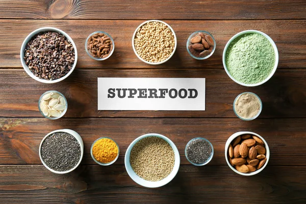 Superfood termékek széles választékát — Stock Fotó