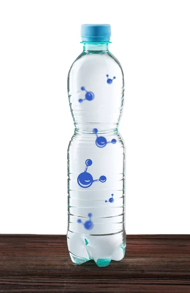 Butelka wody z cząsteczkami — Zdjęcie stockowe