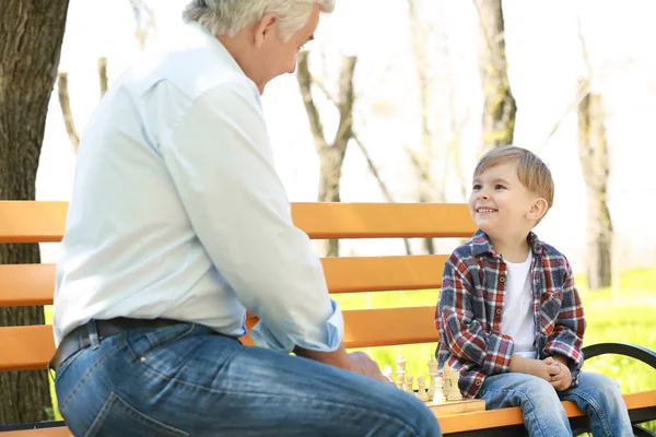 Lindo niño pequeño con su abuelo jugando ajedrez en el banco en el parque de primavera — Foto de Stock