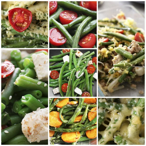 Collage van verschillende gerechten met sperziebonen — Stockfoto