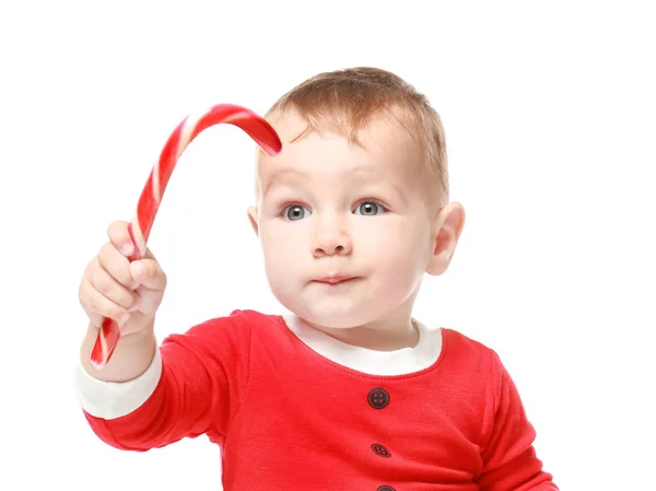 Lindo bebé con bastón de caramelo sobre fondo blanco. Concepto de Navidad —  Fotos de Stock