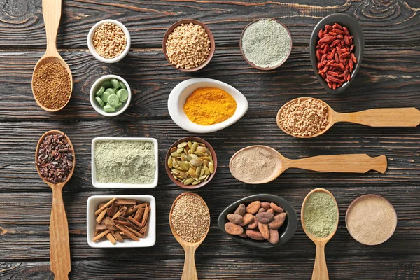 Composition with assortment of superfood products — Stock Photo, Image