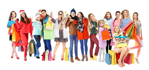 Gente feliz con bolsas de compras sobre fondo blanco — Foto de Stock