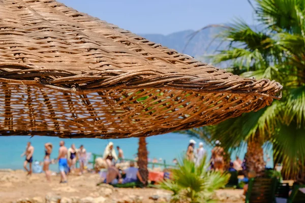 Vista de primer plano del paraguas de la playa en el complejo tropical — Foto de Stock