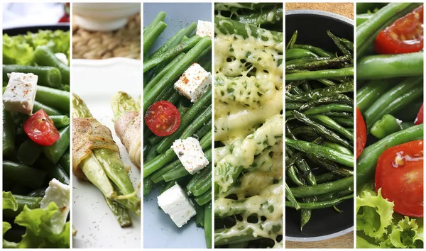 Collage verschiedener Gerichte mit grünen Bohnen Stockbild