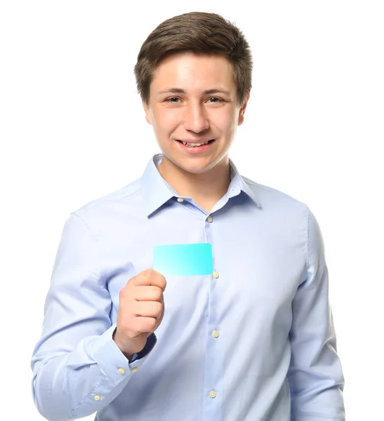 Niedliche Teenager-Junge mit Karte auf weißem Hintergrund — Stockfoto