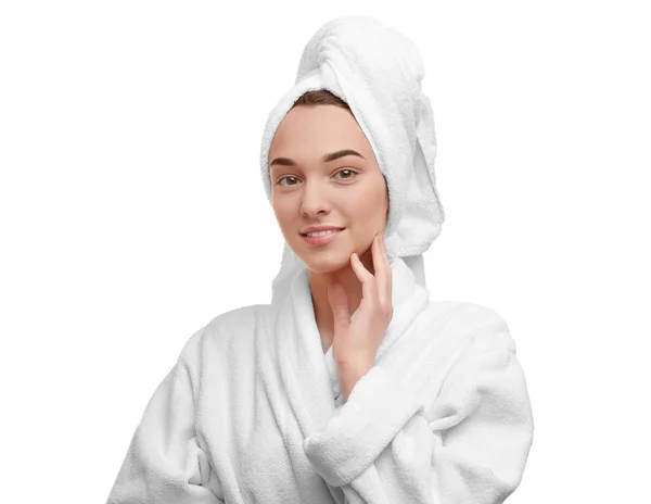 Jonge vrouw in badjas — Stockfoto
