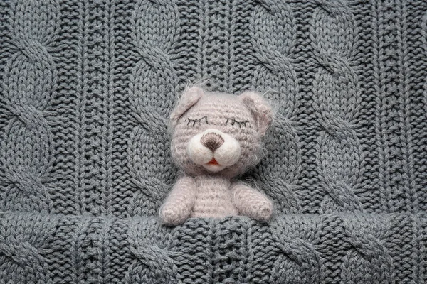 Cute handmade toy bear on knitted background