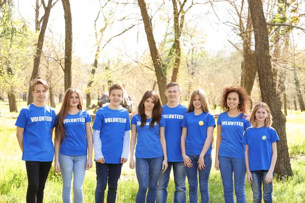 Grup de tineri voluntari în parc în ziua însorită — Fotografie, imagine de stoc