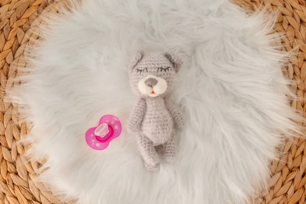 Şirin bebek oyuncak ve kabarık ekose üzerinde emzik