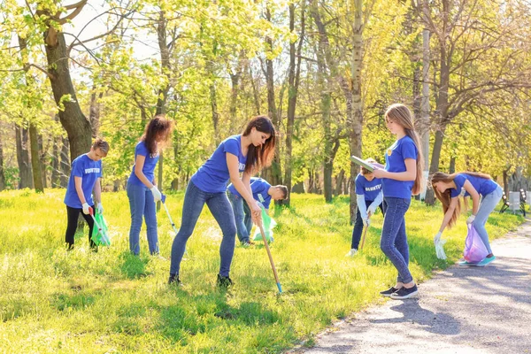 Genç gönüllüler Park güneşli günde gurup
