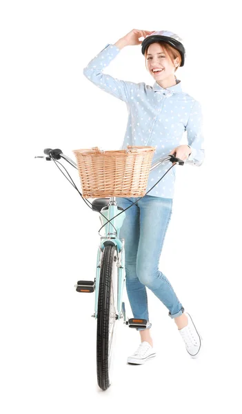 Joven chica sonriente con bicicleta — Foto de Stock