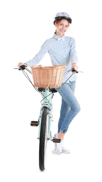 Leende flicka med cykel — Stockfoto