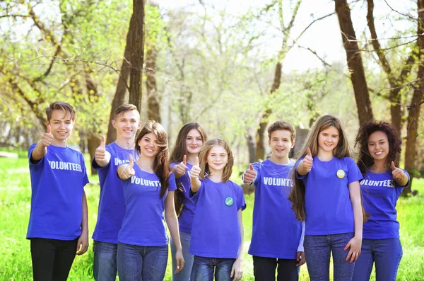 Grupo de jóvenes voluntarios en el parque en un día soleado —  Fotos de Stock