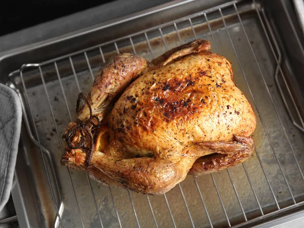 Delicious golden turkey on baking tray — Stock Photo, Image