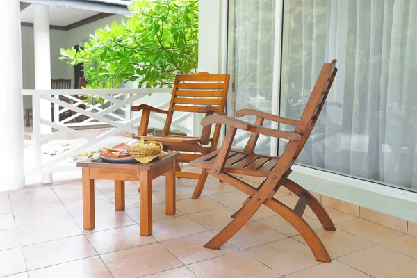 Small Table Healthy Breakfast Wooden Chairs Outdoors — Stock Photo, Image