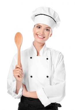 Beyaz arka planda genç bayan şef