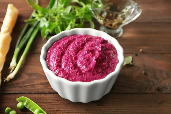 Delicious creamy beet hummus — Stock Photo, Image