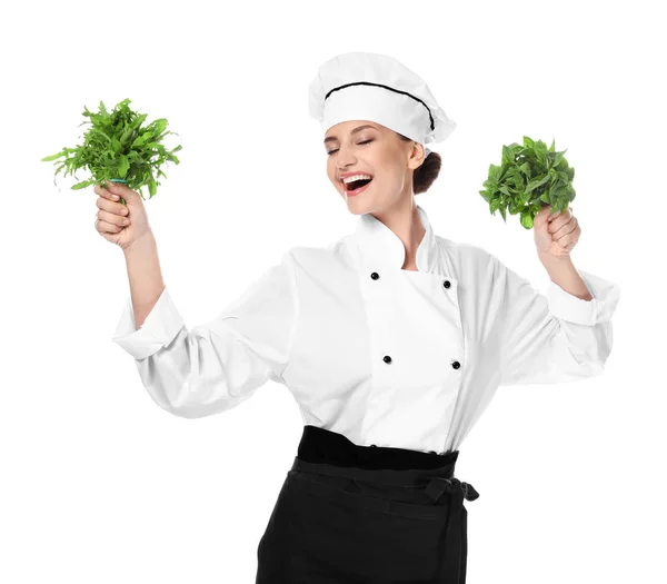 Chef joven con hierbas sobre fondo blanco — Foto de Stock