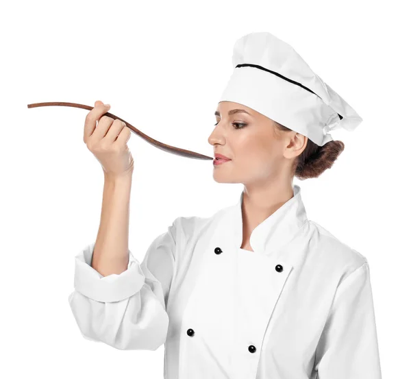 Young female chef on white background — Stock Photo, Image