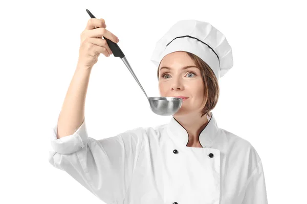 Chef femenino sobre fondo blanco — Foto de Stock