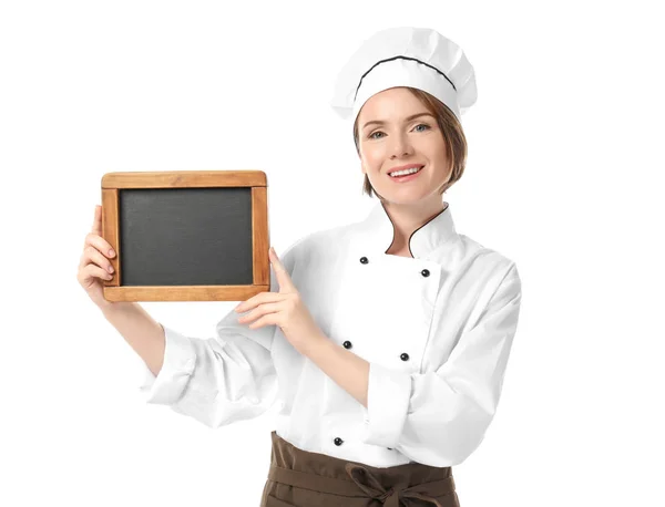 Köchin mit Kreidetafel auf weißem Hintergrund — Stockfoto