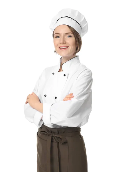 Chef femenino sobre fondo blanco — Foto de Stock