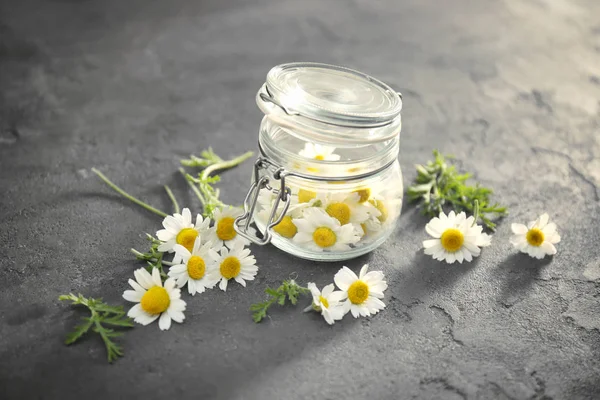 Beautiful chamomiles and jar — Stock Photo, Image