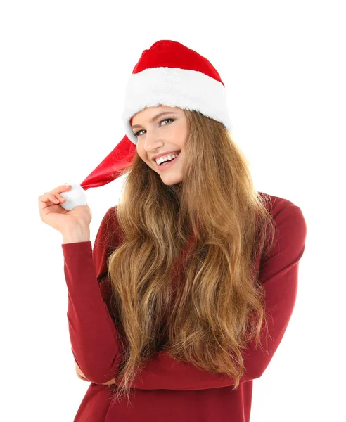 Atractiva joven dama en sombrero de Navidad — Foto de Stock