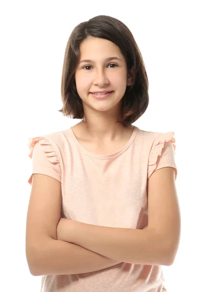 Hübsche Teenager-Mädchen posiert auf weißem Hintergrund — Stockfoto