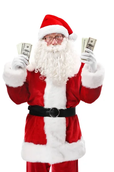 Santa Claus aanhouden van geld op witte achtergrond — Stockfoto