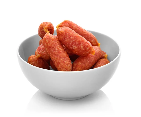 Bowl with smoked sausages — Stock Photo, Image