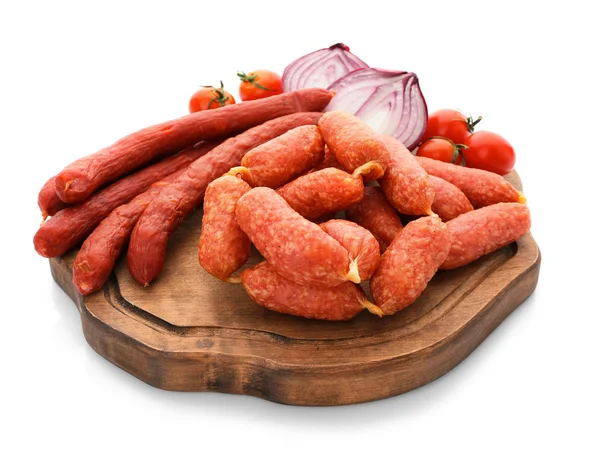 Wooden board with smoked sausages — Stock Photo, Image