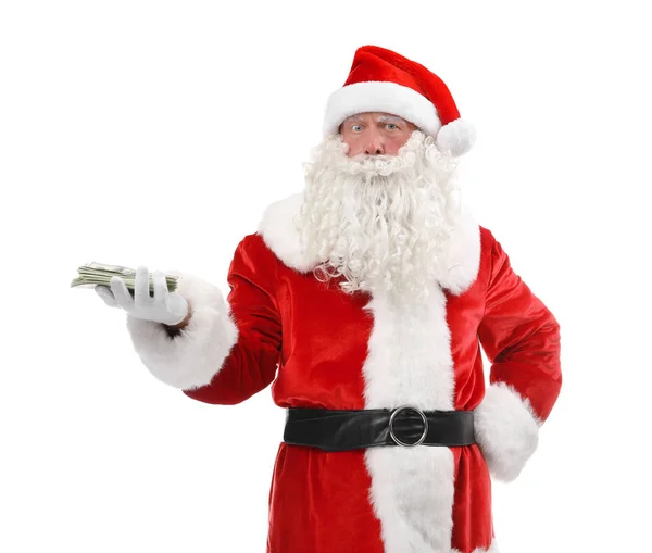Santa Claus trzyma pieniądze na białym tle — Zdjęcie stockowe