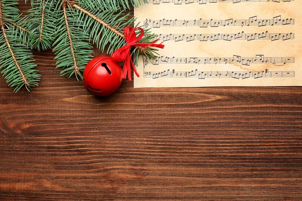 Beautiful Composition Decorations Music Sheet Wooden Background Christmas Songs Concept — Stock Photo, Image