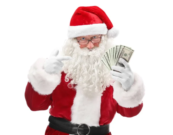 Santa Claus sosteniendo dinero sobre fondo blanco — Foto de Stock