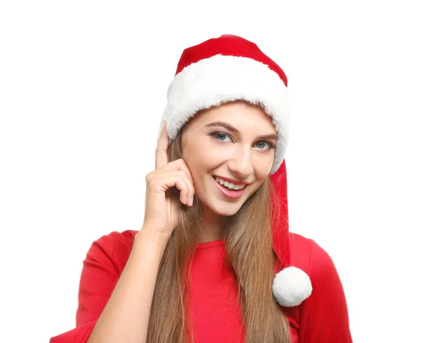 Bella giovane donna in cappello di Babbo Natale su sfondo bianco — Foto Stock