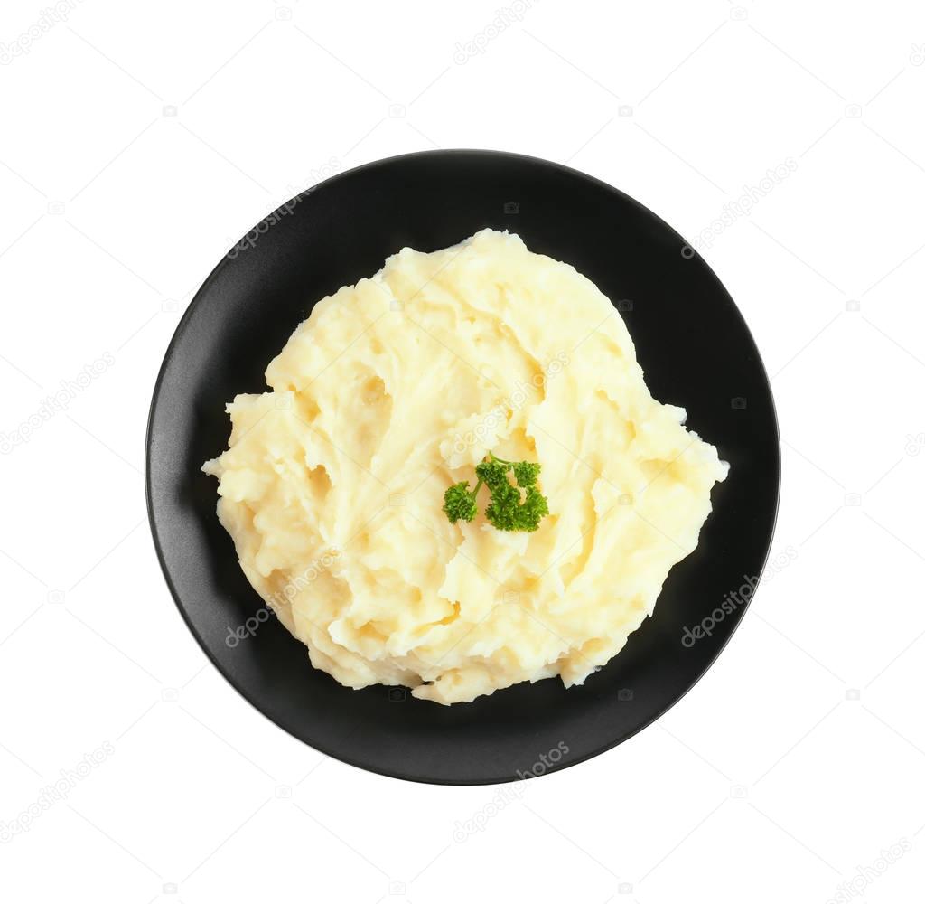 Black plate with mashed potatoes