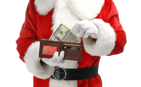 Monedero de Santa Claus con dinero sobre fondo blanco — Foto de Stock