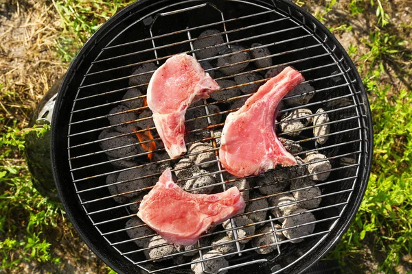 Rauw varkensvlees steaks op barbecue — Stockfoto
