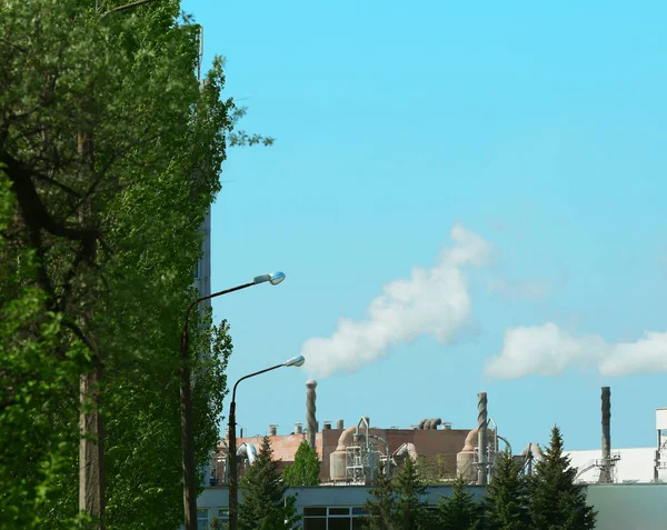 Дымоходы промышленного завода с дымом на фоне неба — стоковое фото
