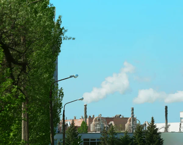 Flues of industrial factory with smoke on sky background