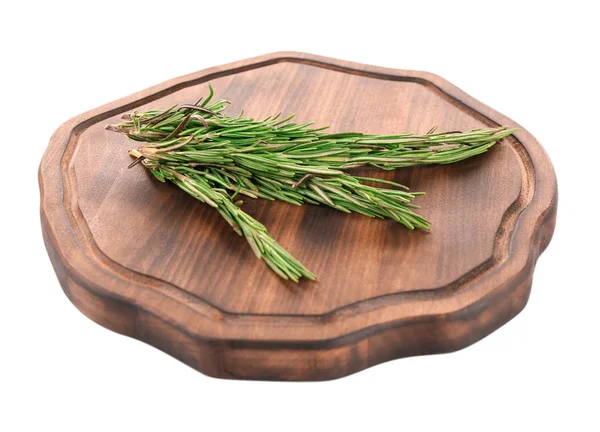 Wooden board with rosemary isolated on white — Stock Photo, Image