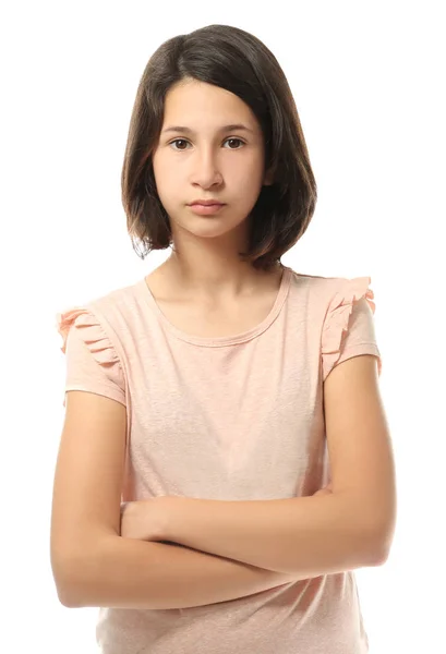 Menina adolescente bonita posando no fundo branco — Fotografia de Stock