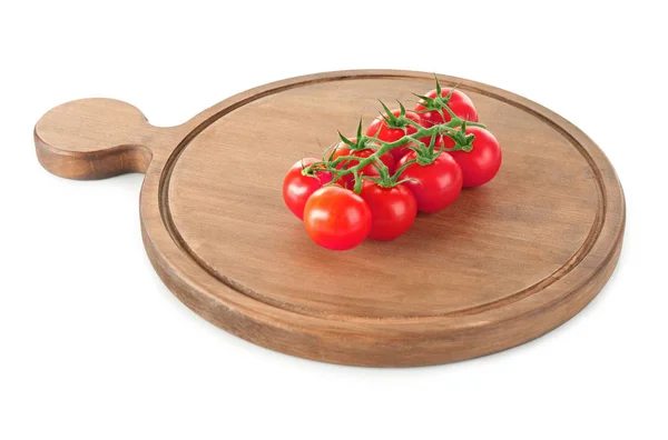 Wooden board with tomatoes isolated on white — Stock Photo, Image
