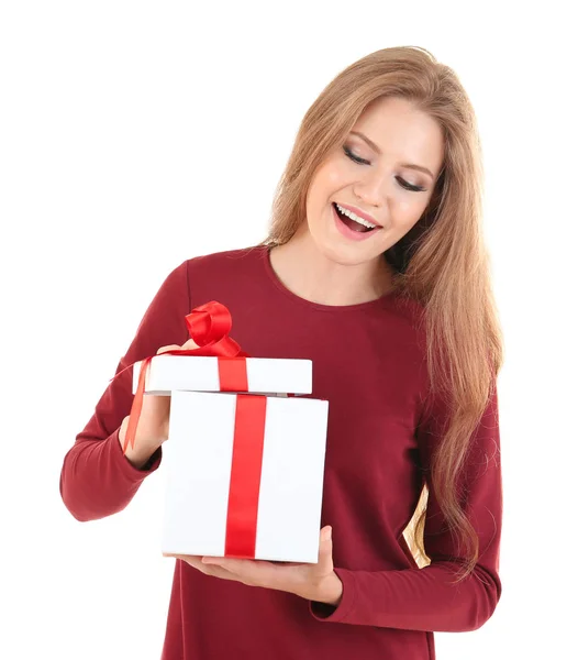 Beautiful lady opening gift box — Stock Photo, Image