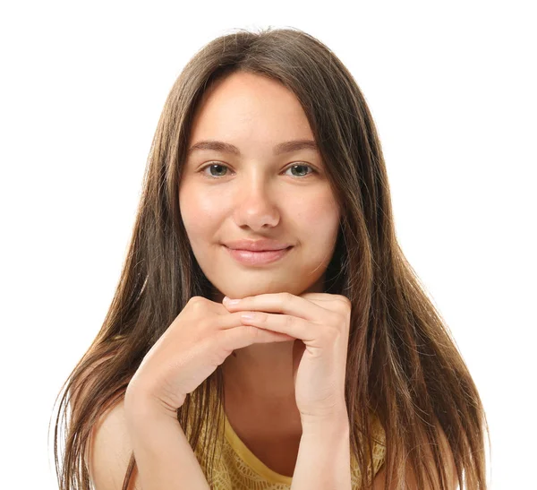 Menina adolescente bonita posando no fundo branco — Fotografia de Stock