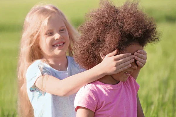 Meninas felizes no campo verde — Fotografia de Stock